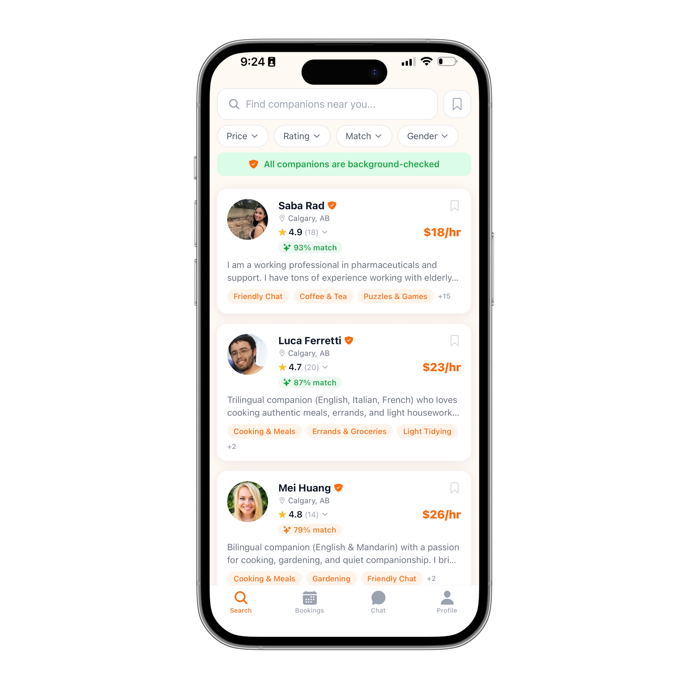 Kiindmate app showing companion search results
