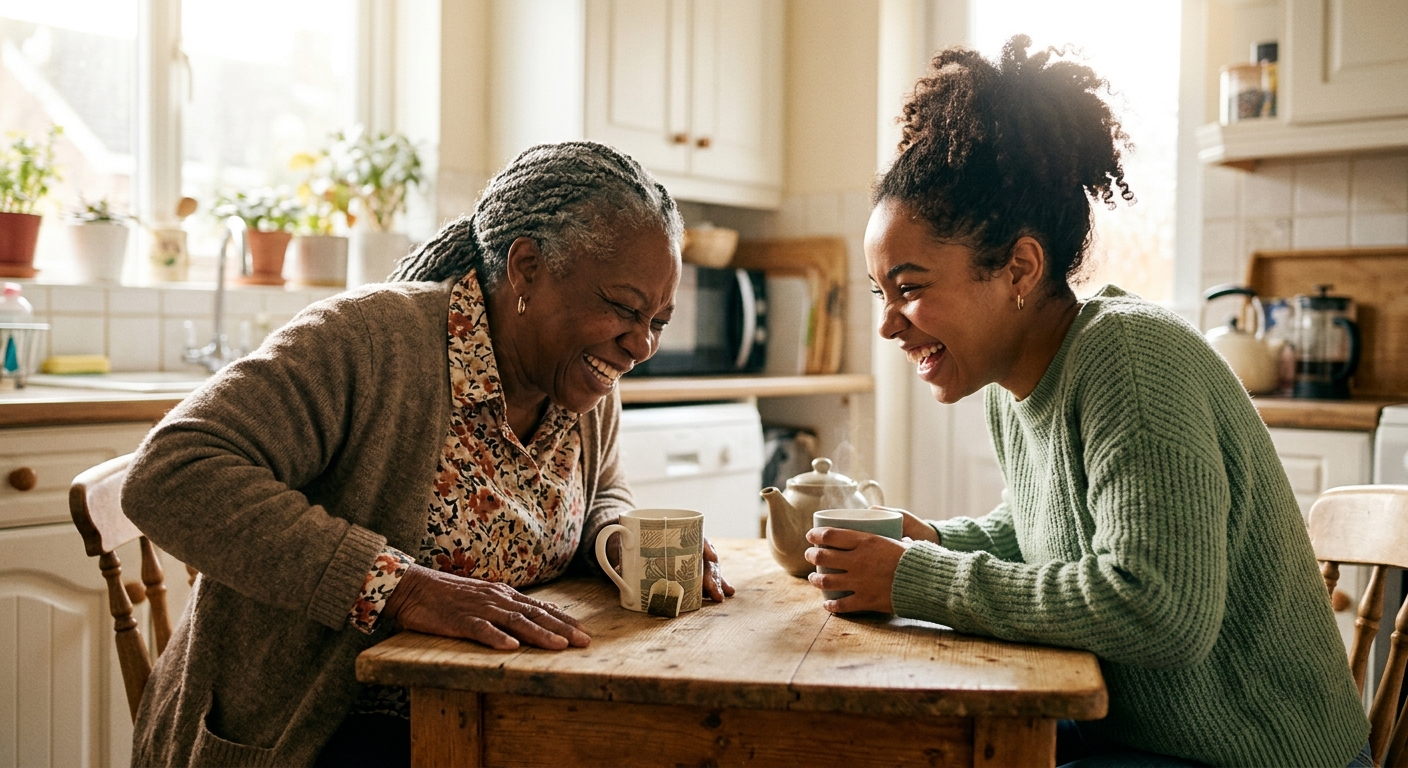 Two women laughing together over coffee at a kitchen table